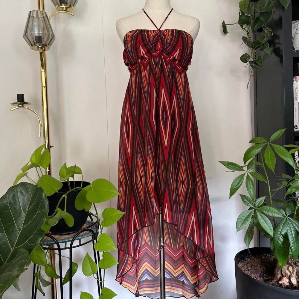 Valerie Bertinelli Womens 8 Chevron Print High Low Halter Maxi Dress Red Orange